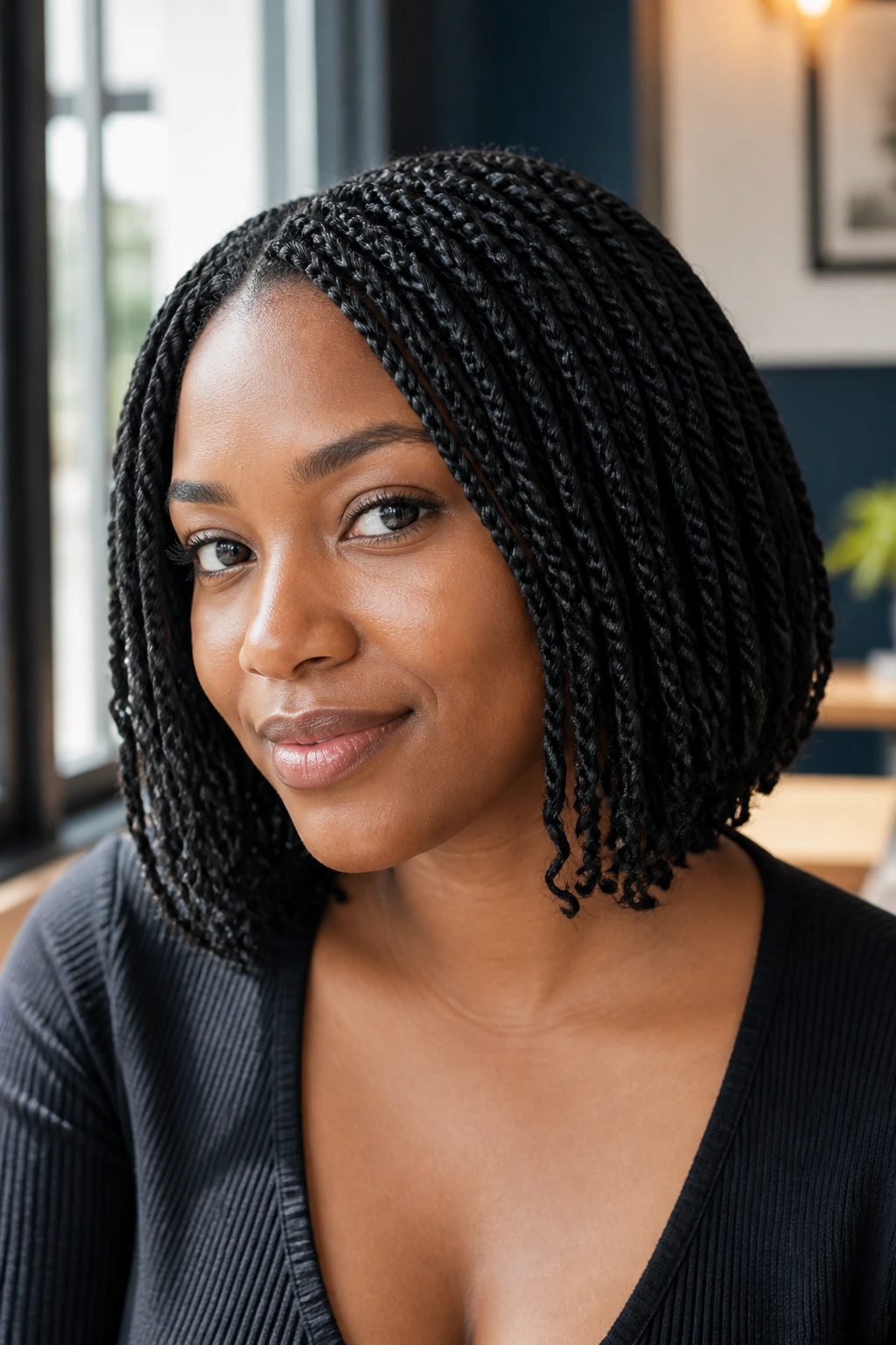 Close-up of a real person with Senegalese rope twists at bob length, neat and polished.