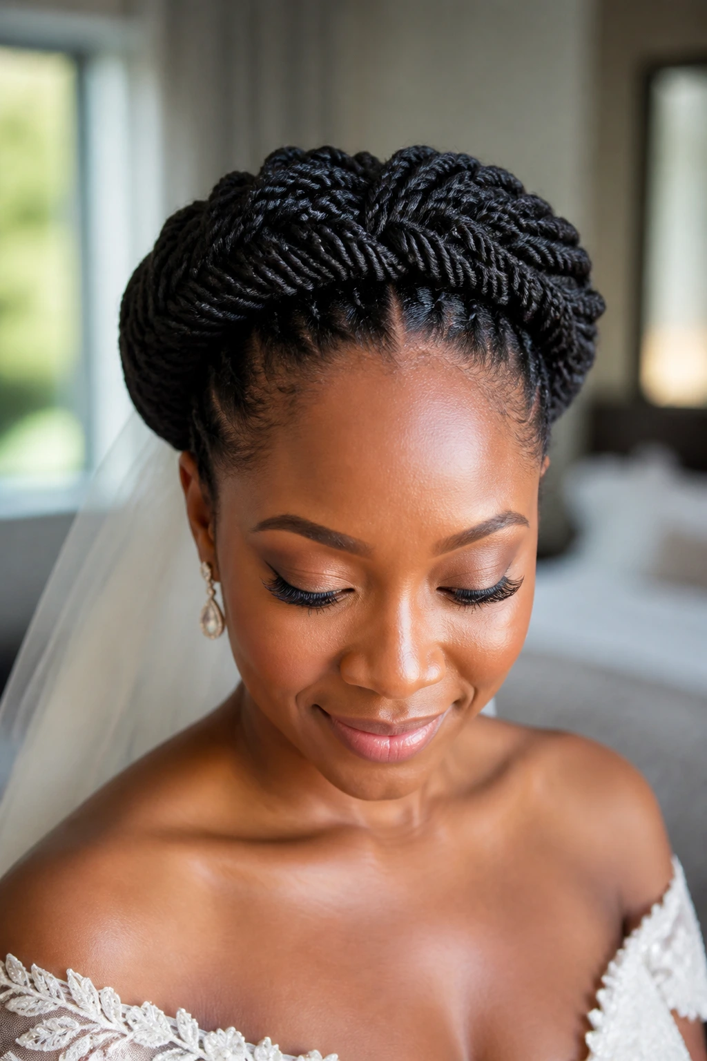 Close-up of a bride wearing a Senegalese twist crown, rope-like twists encircling the head.