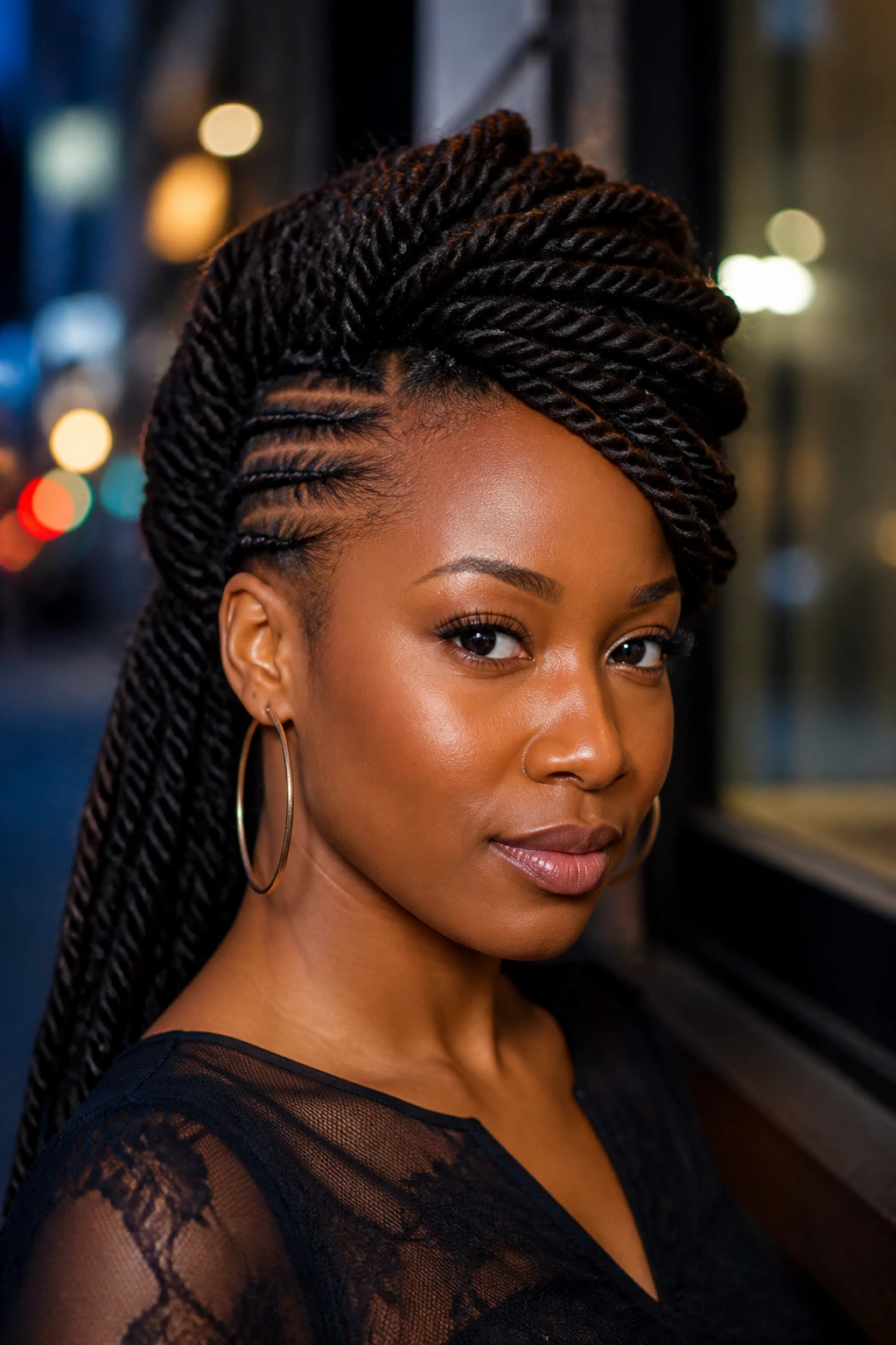 Close-up of a woman with a Senegalese Twist Faux Hawk, sides pinned and top twists lifted