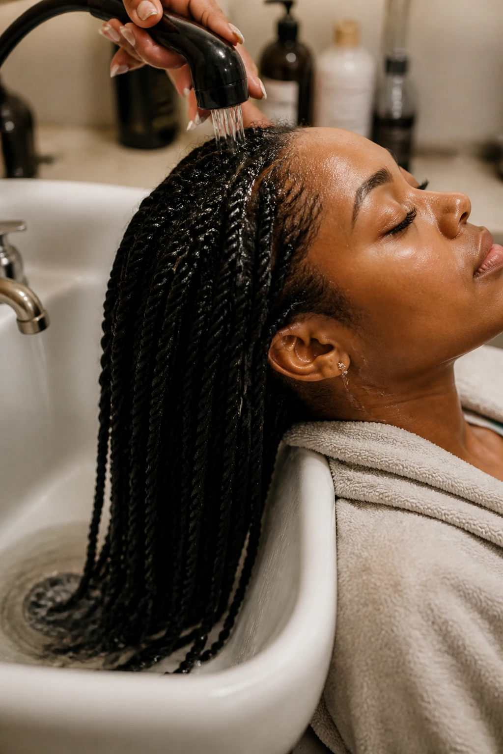 Real person with Senegalese twists being washed in a bathroom sink as part of care routine
