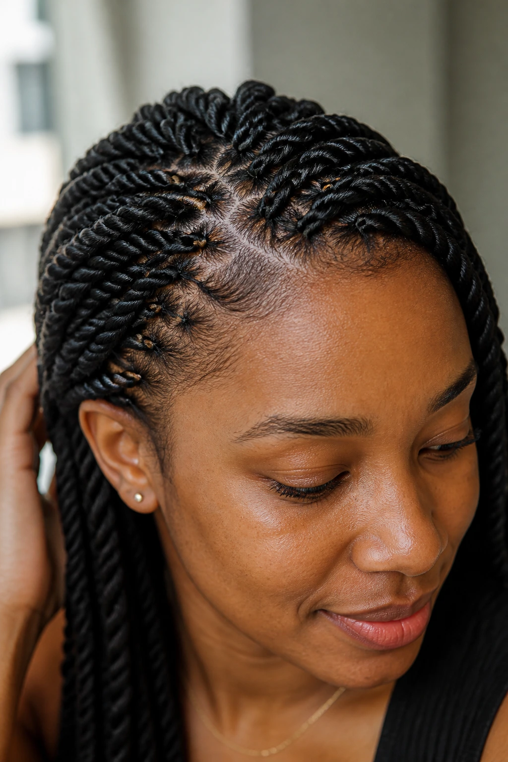 Close-up of comfortable Senegalese twists focusing on the hairline