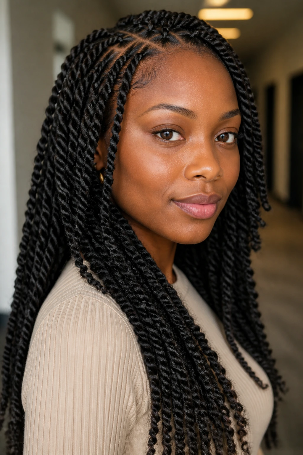 Close-up portrait of bouncy Senegalese twist crochet on a real person