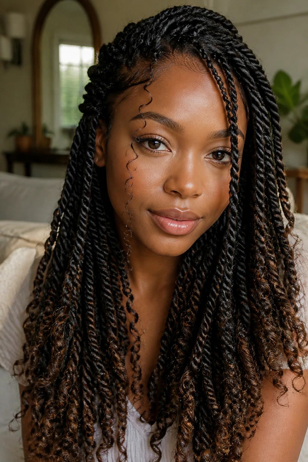 Close-up portrait of Senegalese Twists with Curly Tips on a real woman, boho chic