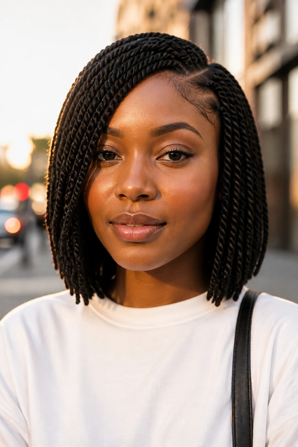 Close-up of a real woman with a blunt bob of Senegalese twists outdoors