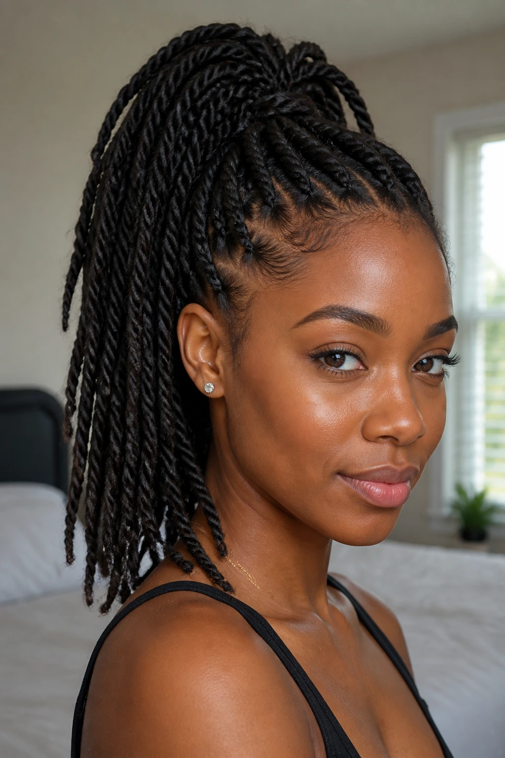 Close-up portrait of a real woman with a high ponytail Senegalese twists.
