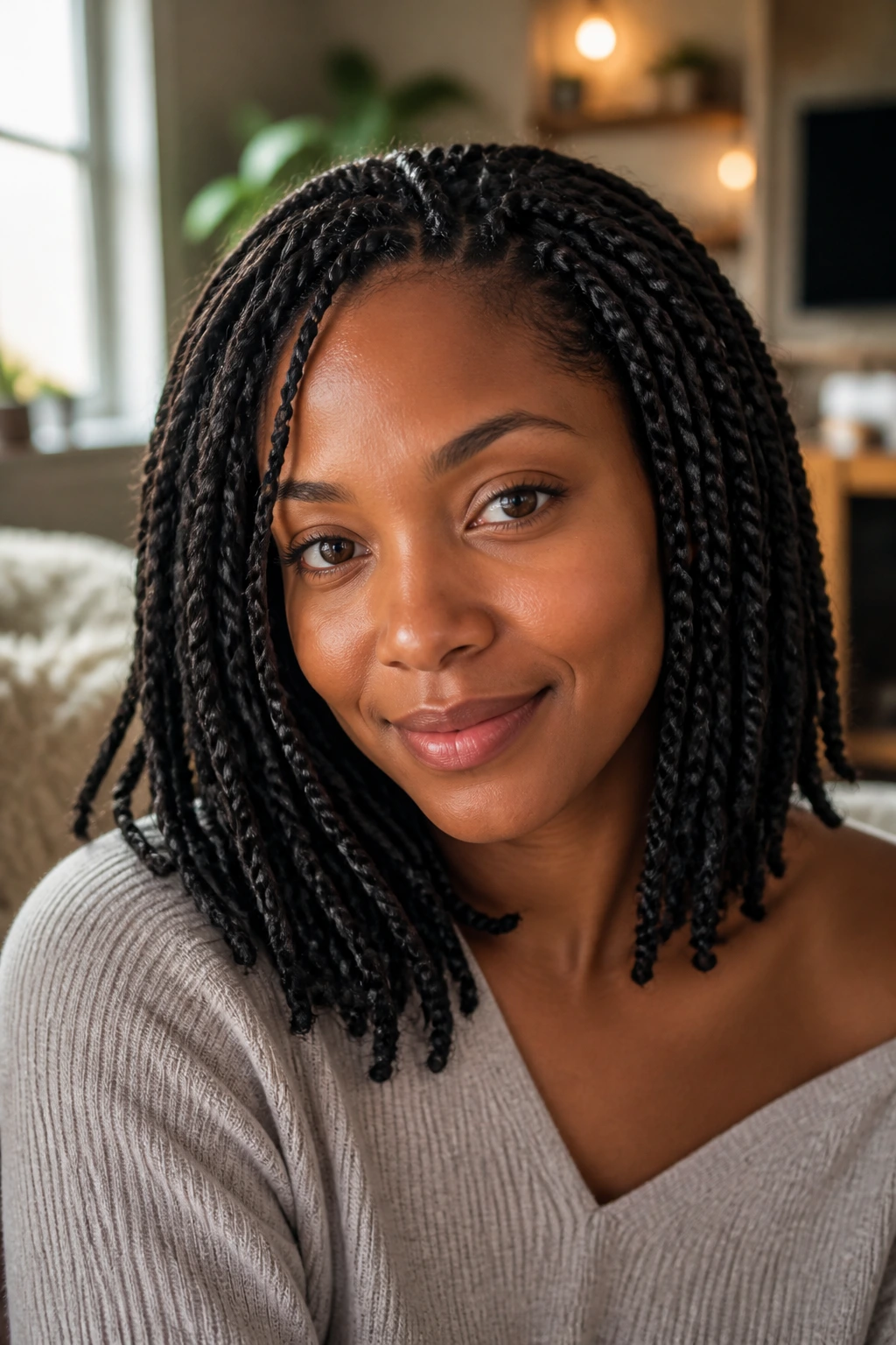 Medium-Length Senegalese Twists close-up portrait highlighting shoulder-length twists.
