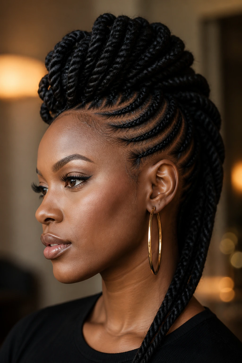 Real person with glossy Senegalese twists forming a tall mohawk in an elegant indoor setting
