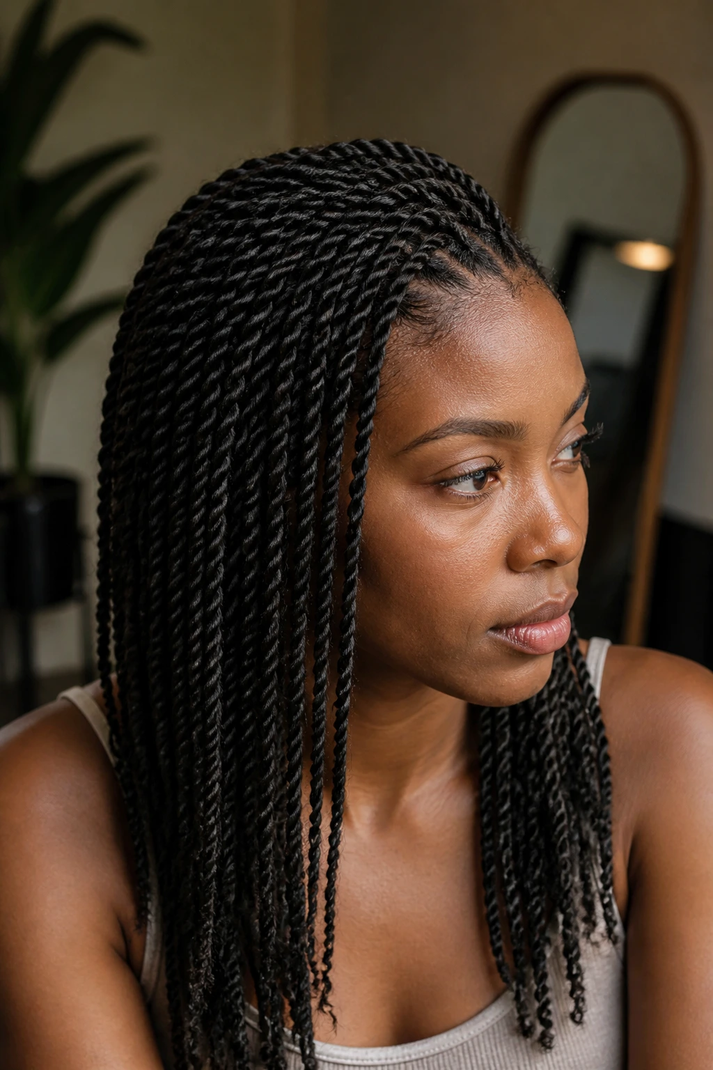 Close-up of a real woman with glossy Senegalese twists filling the frame