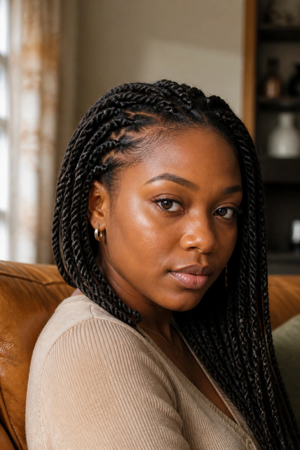 Close-up portrait of a real woman with Senegalese twists in warm living room light