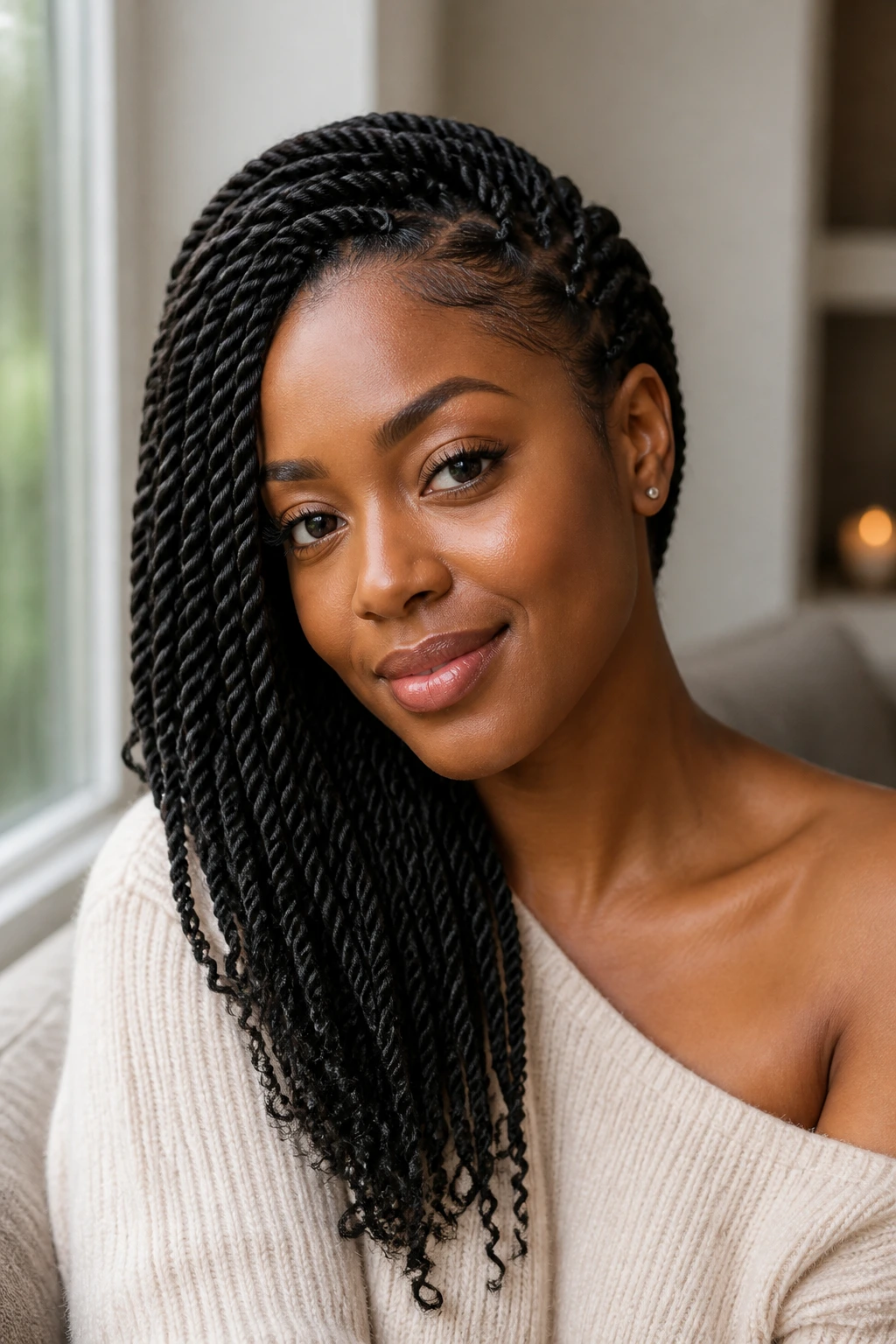 Close-up of a real woman with side-swept Senegalese twists over one shoulder.