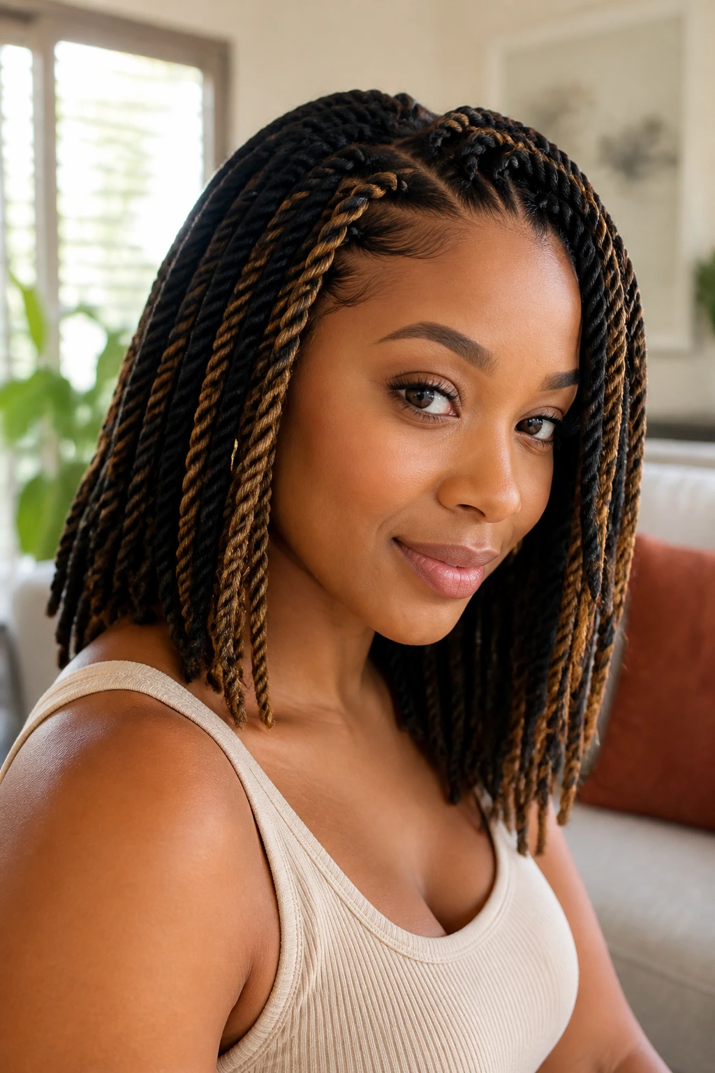 Close-up of a real woman with color-highlighted Senegalese twists