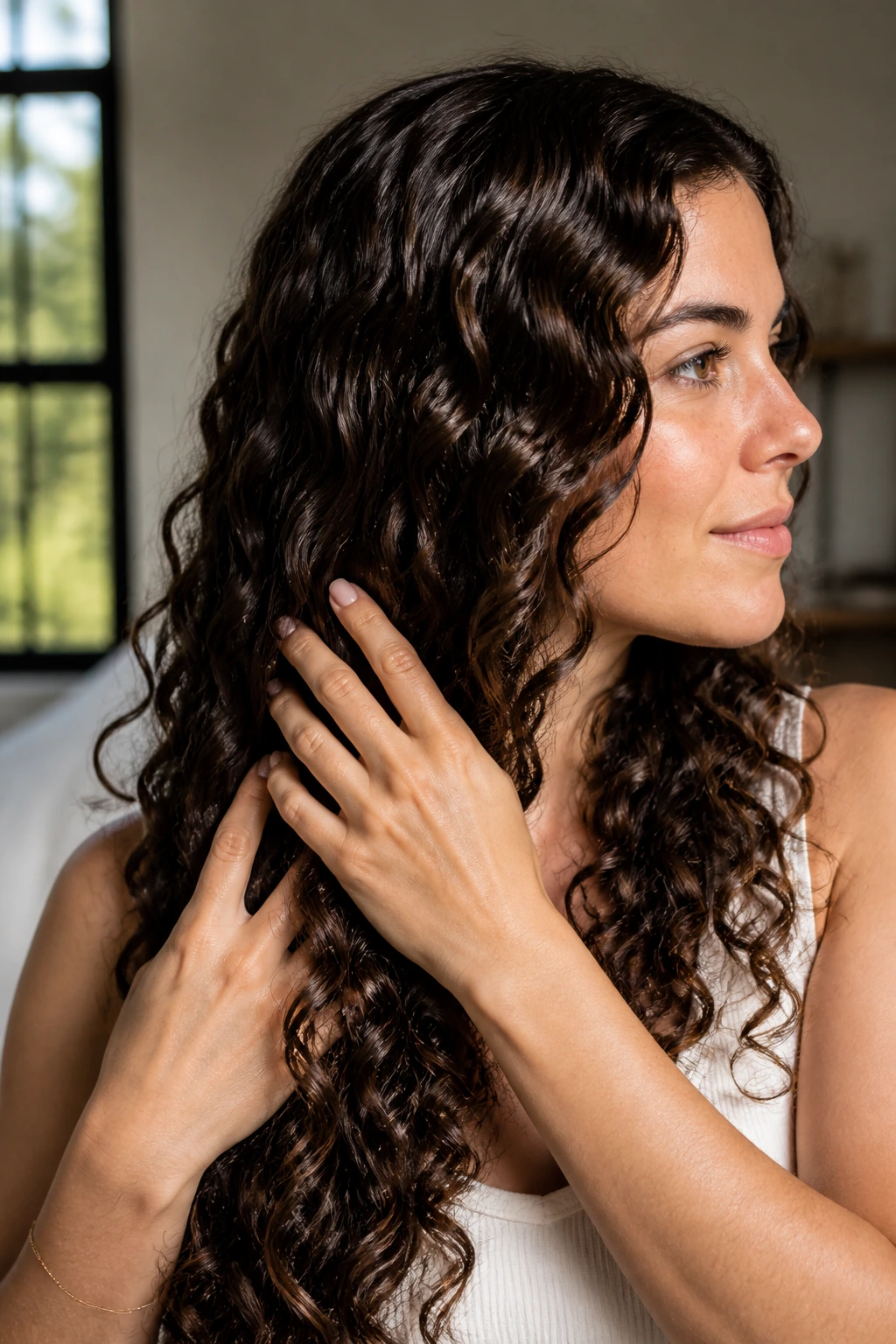 Real woman with glossy finished curly hair in profile with window light