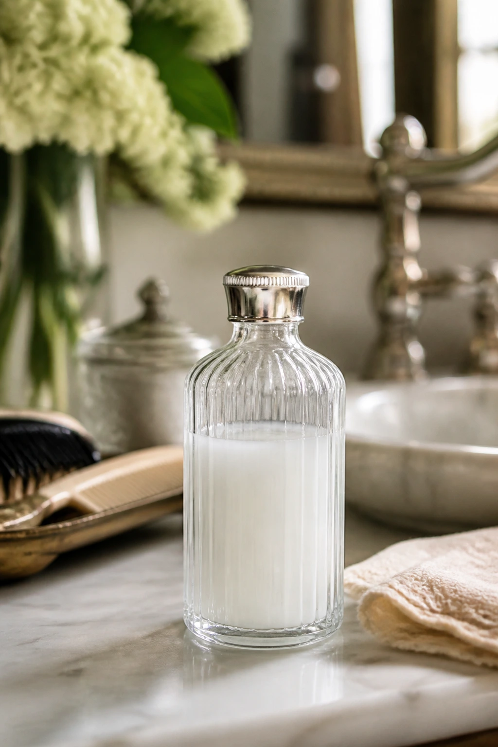 Unlabeled setting lotion bottle on a bathroom vanity