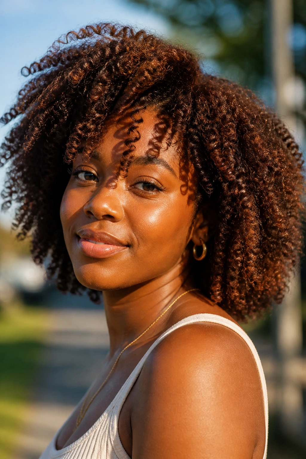 Twist-out hairstyle with chestnut glow highlighting natural curls