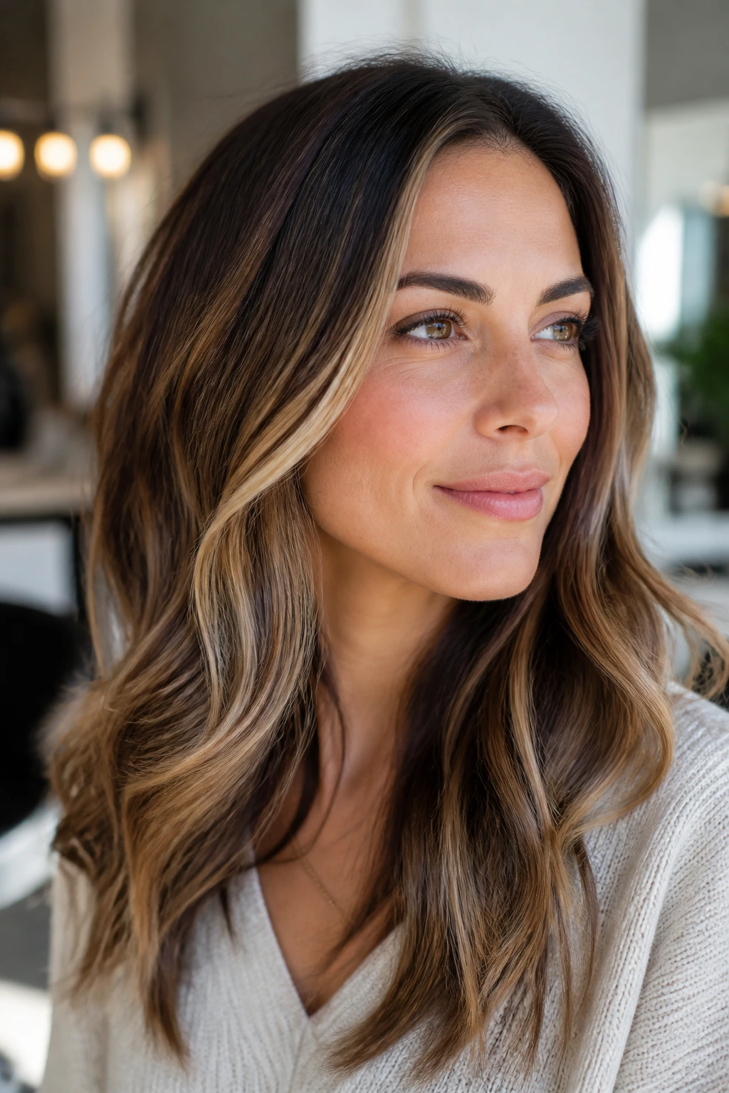 Real woman showing base color shade family in hair