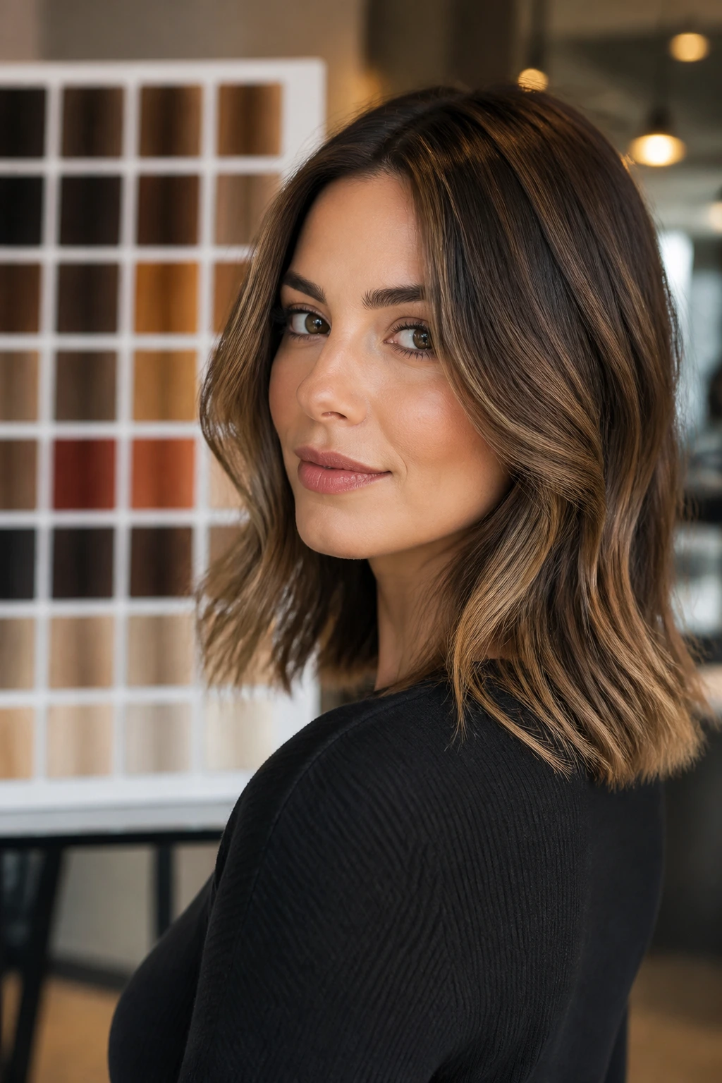 Portrait of hair color chosen for shade family with color palette in background