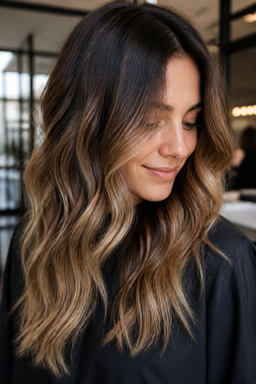 Portrait of a real person with hair showing warm shade-family base and soft ombre