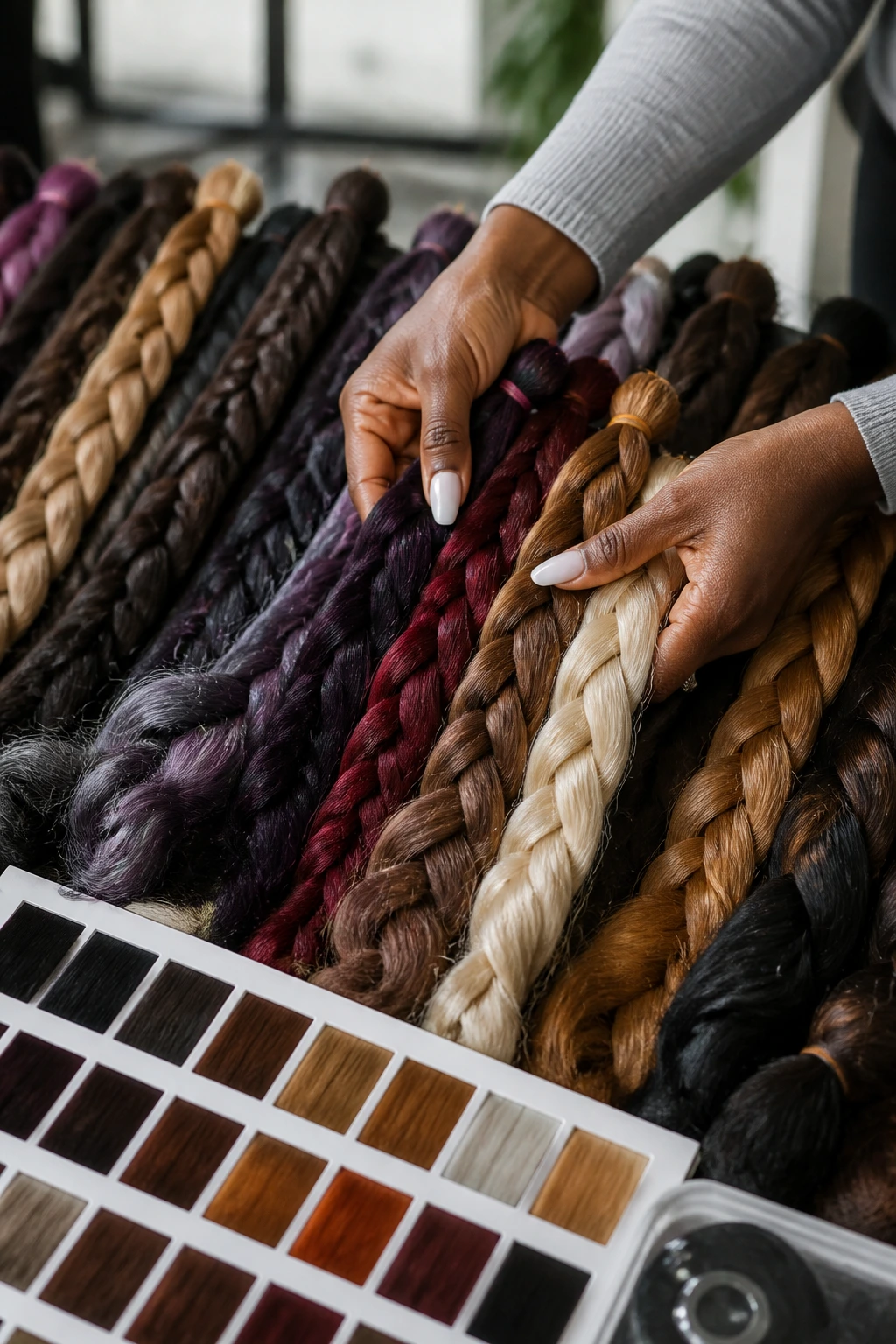 Close-up of hands selecting colored braid extensions with color swatches in a salon