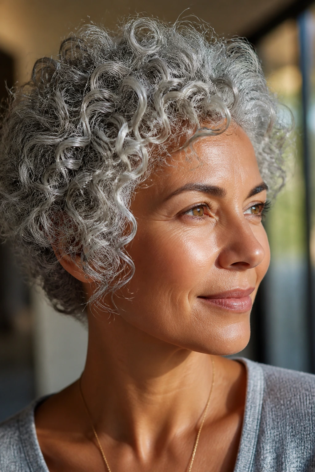 Close-up of a person with silver-gray curls highlighting curl-following shade