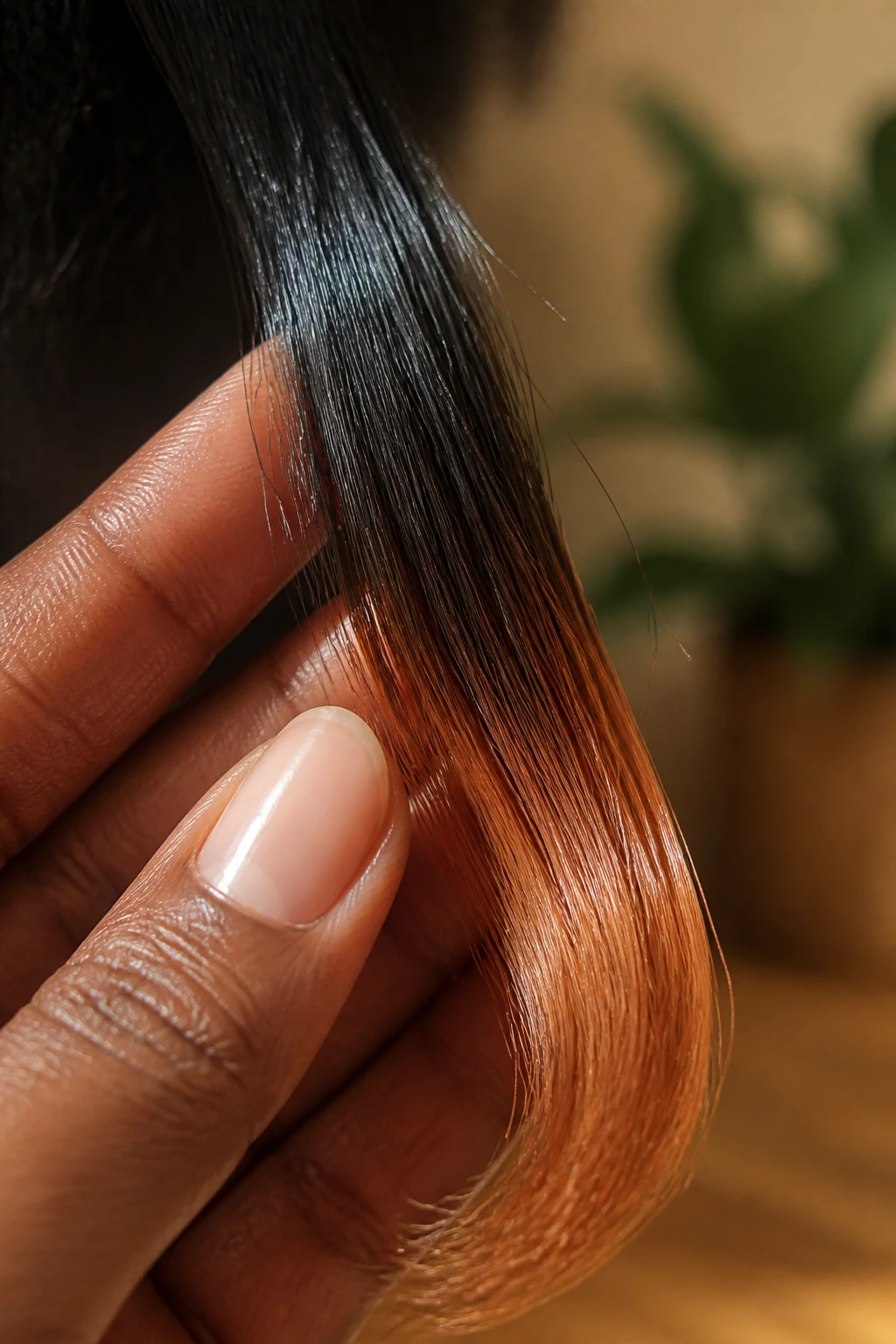 Macro shot of a hair strand showing a gradient shade from espresso to copper