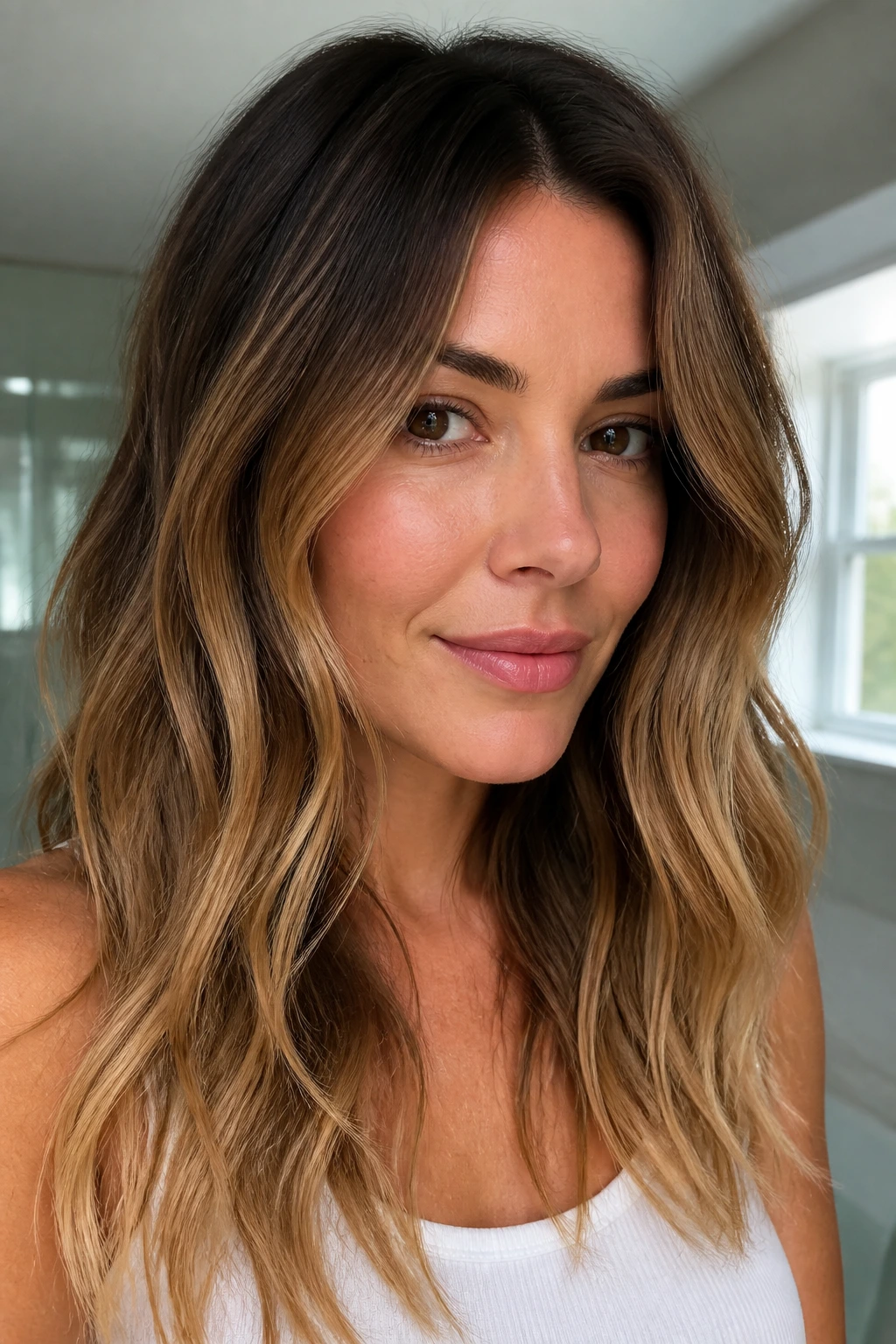 Close-up portrait showing a hair shade gradient to illustrate level numbers in warm and cool tones