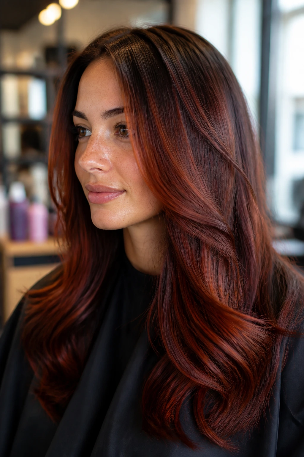 Portrait showing color choices and gloss effect on brown base hair