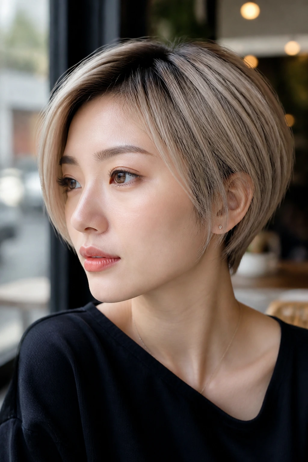 Close-up portrait of an Asian woman with short hair showing a shade plan of root shadow and beige blonde tones.