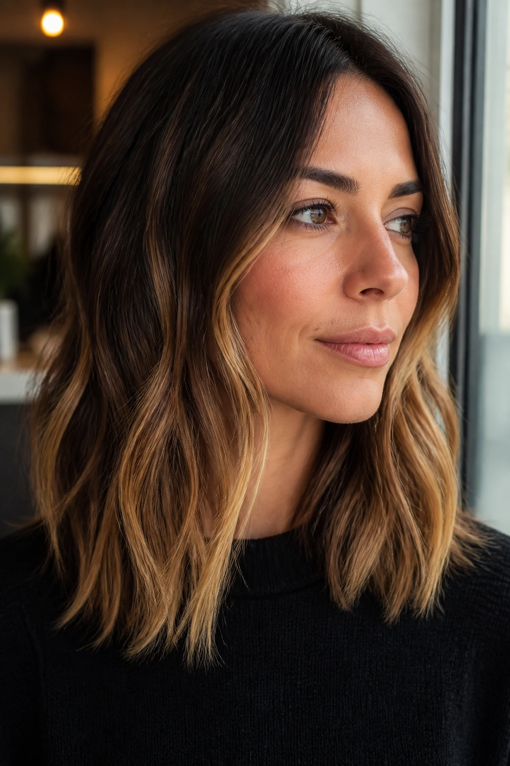 Portrait demonstrating a shoulder-length hair gradient starting near the cheekbone