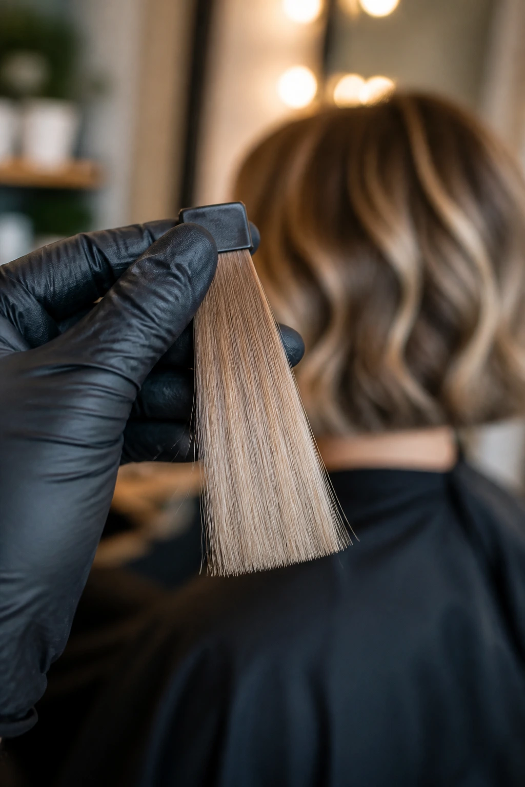 Close-up of a color swatch held by a gloved hand in a salon, emphasizing shade and tone.