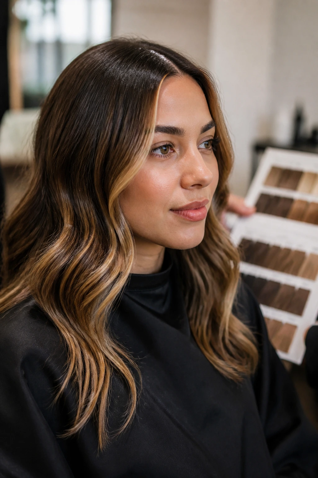 Portrait of a client in a salon chair with color swatches in the background.