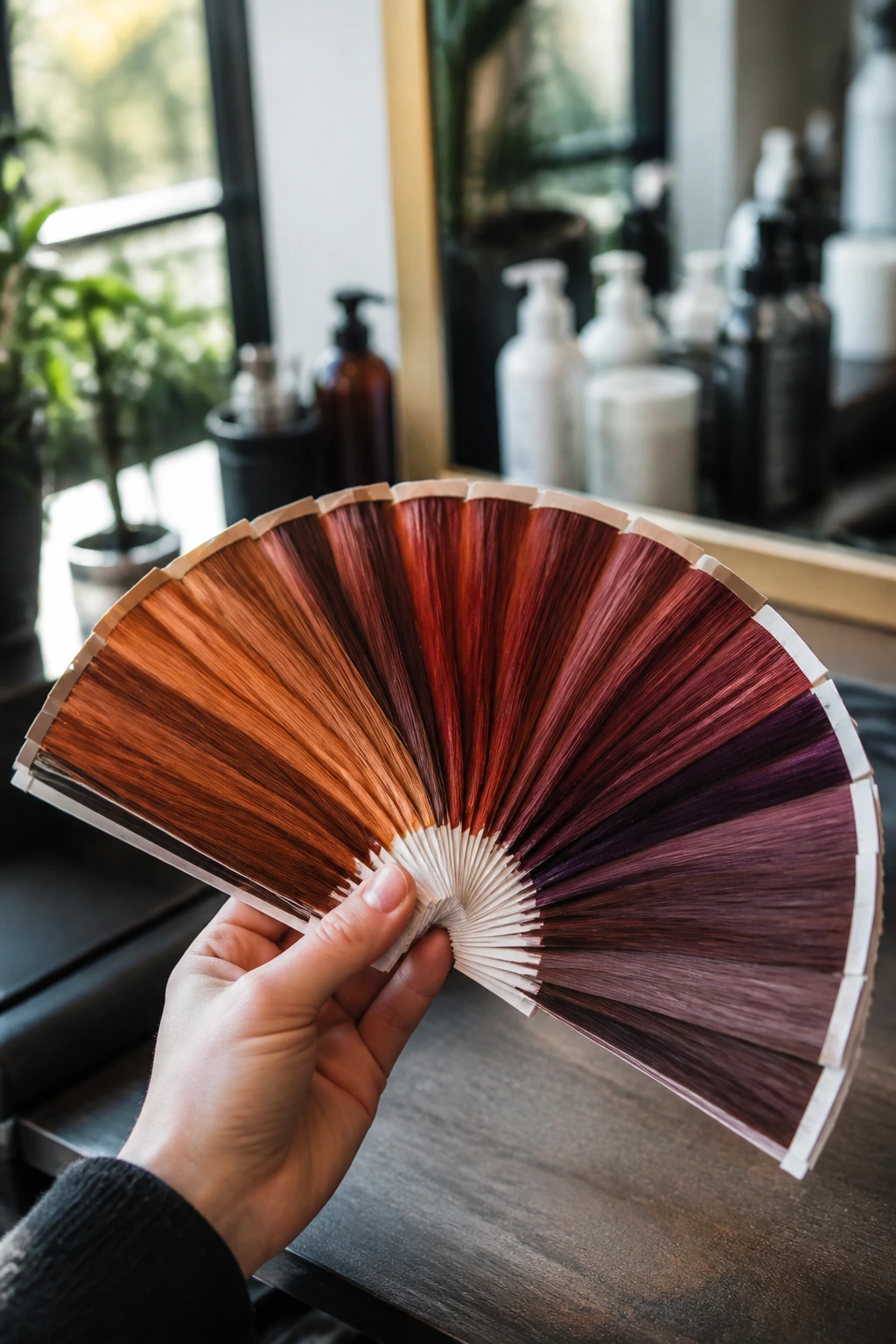 Close-up of a hand holding red hair color swatches for shade selection