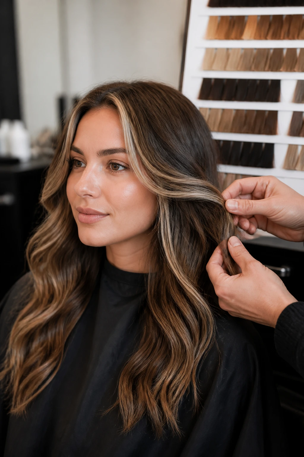 Portrait of a person in a salon chair with subtle front highlights and shade considerations