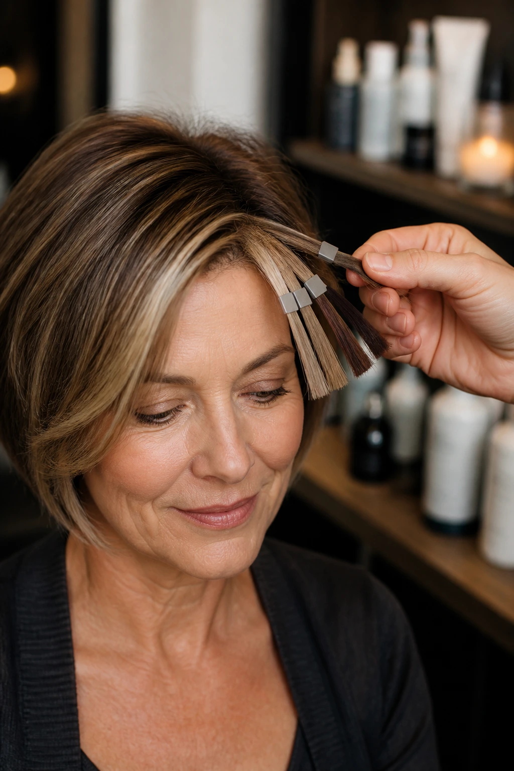 Close-up of a real woman's hair undergoing strand test for shade selection in a salon