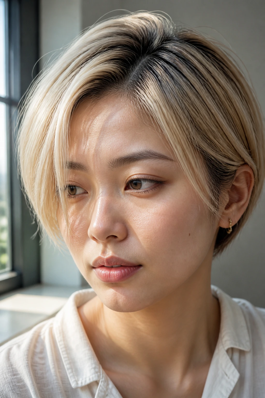 Close-up of short blonde hair with dimensional shade and shine under natural window daylight