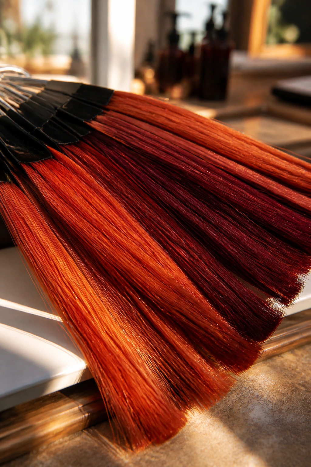 Close-up of red hair color swatches on a sunlit desk