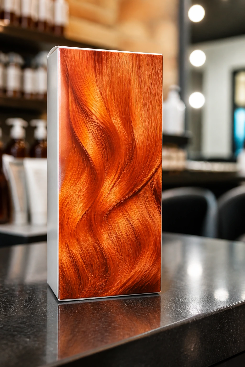 Orange hair color box on a salon counter.