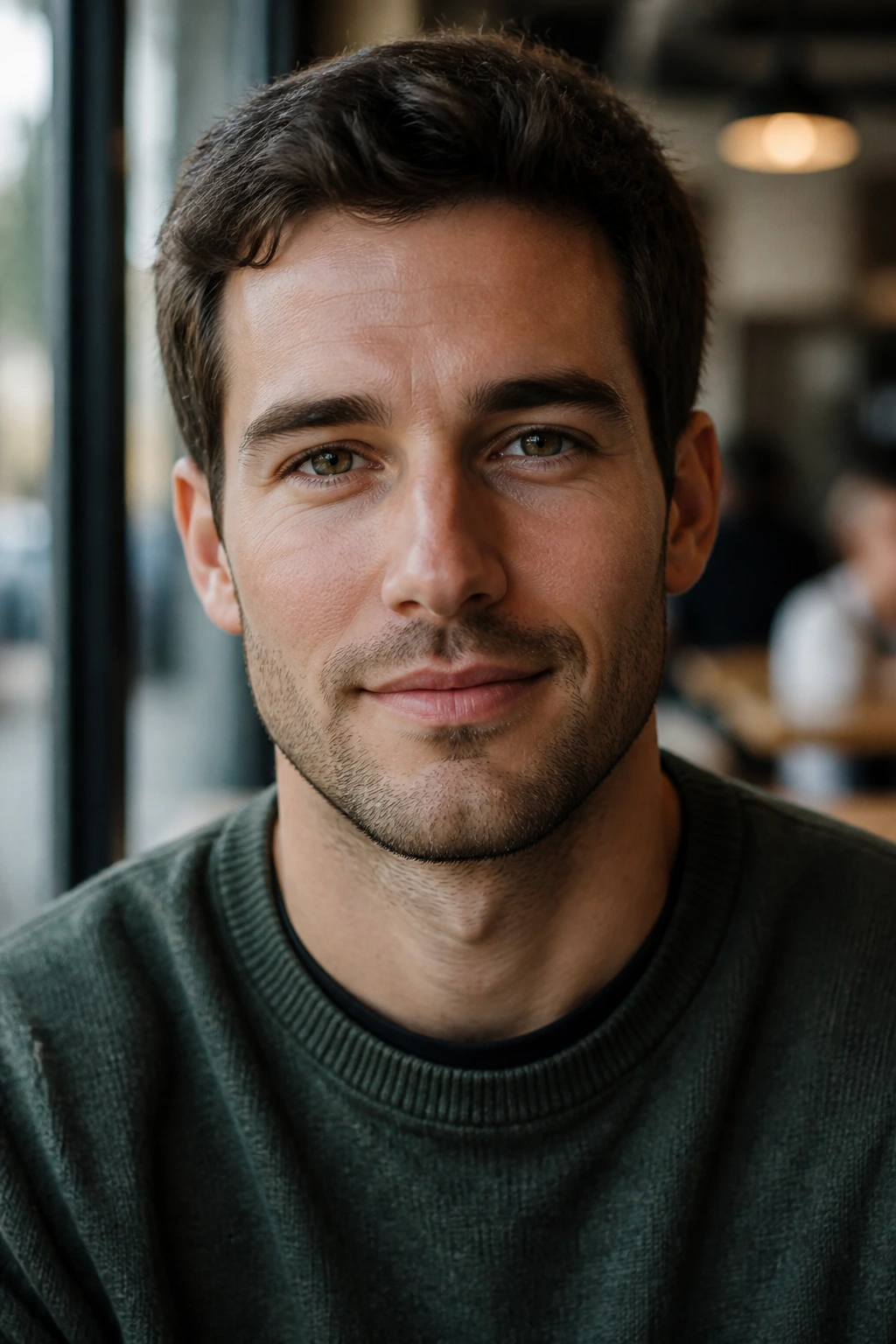 Close-up portrait of a man with a light shadow beard on an oval face in a cafe window setting