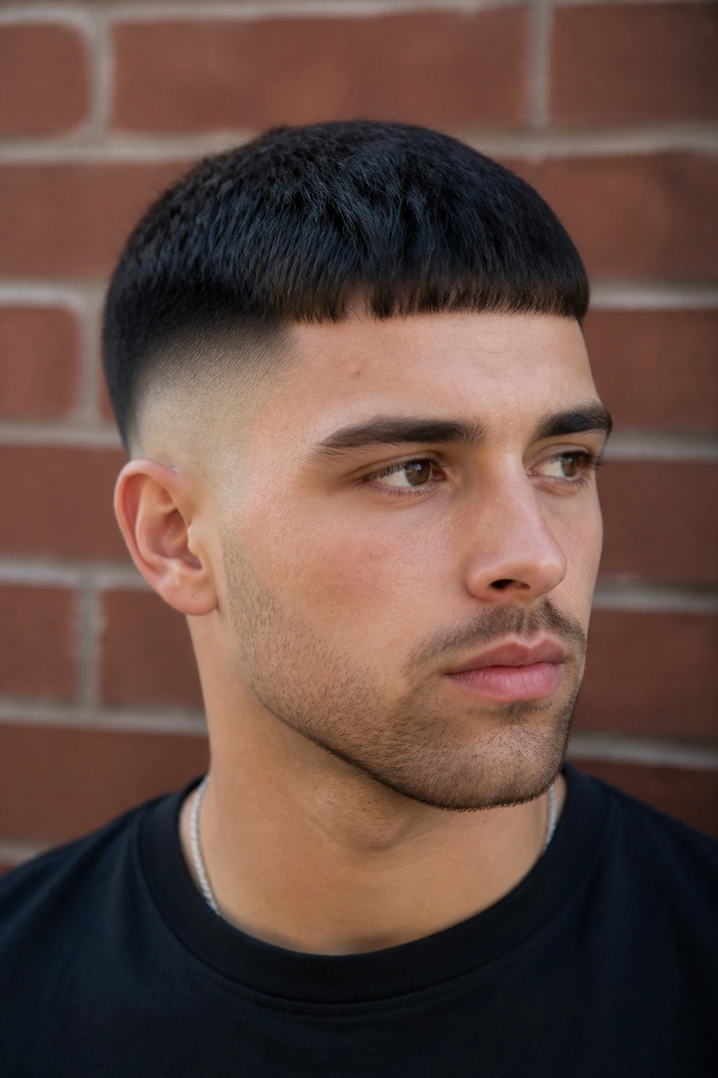 Close-up of a man with a shadow fade and Caesar cut