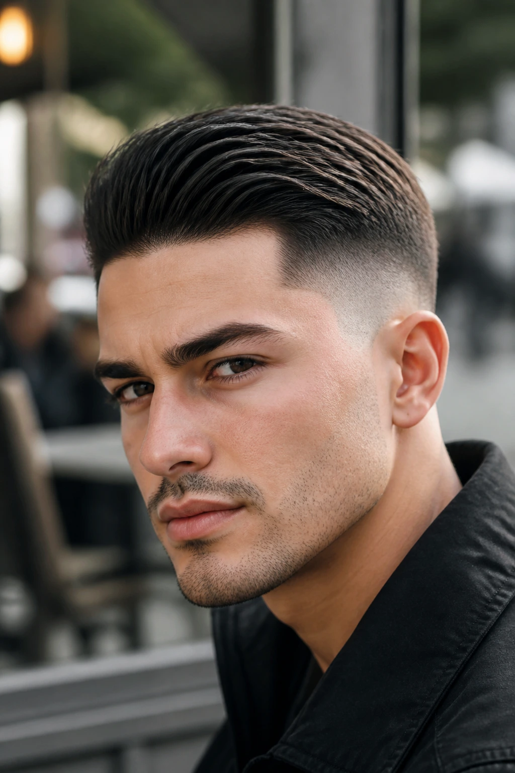 Man with shadow fade comb over hairstyle in an outdoor cafe setting