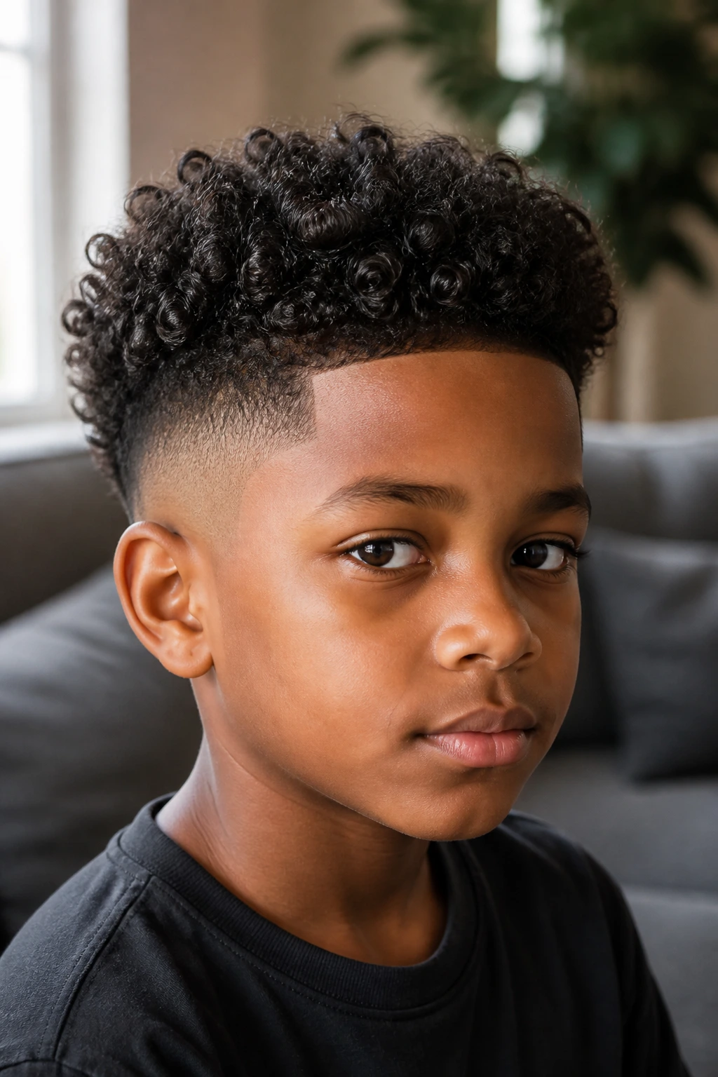Close-up of a real Black boy with a shadow fade and natural curls indoors near a window.
