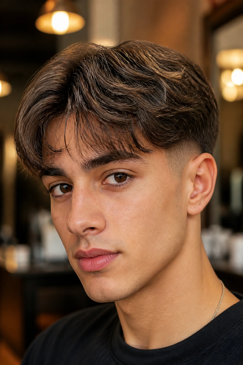 Close-up of a person with shadow fade and feathered curtain fringe in a cozy salon.