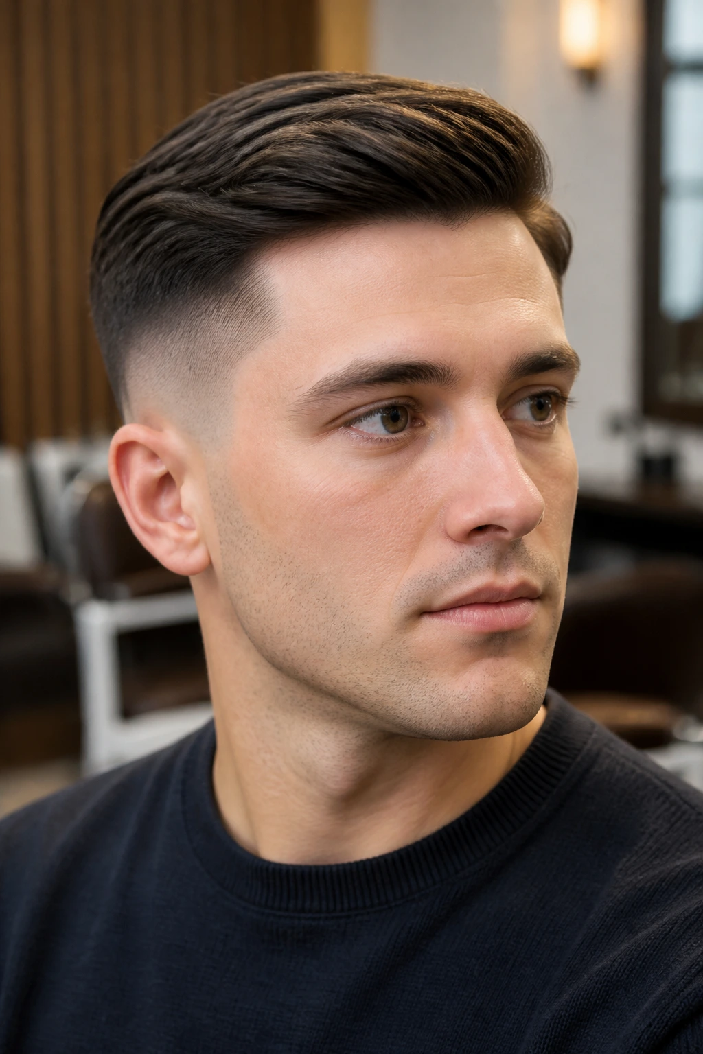 Close-up portrait of a man with a shadow fade and an Ivy League top