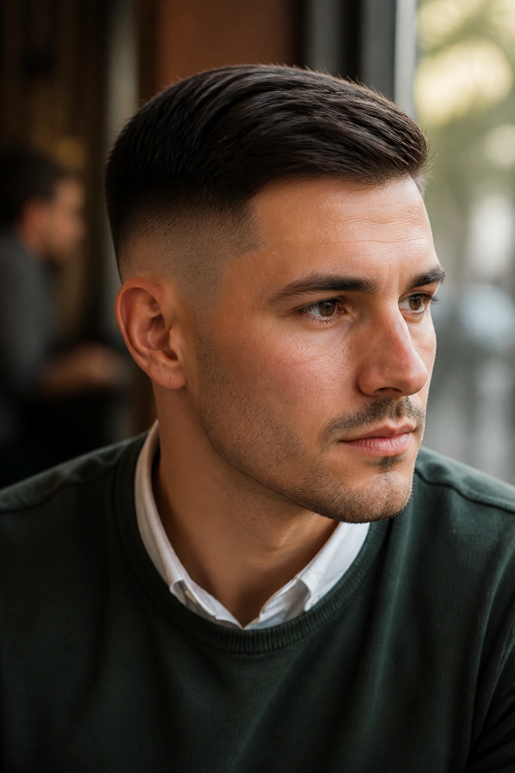 Close-up portrait of a man with a soft shadow fade and Ivy League top in cafe light
