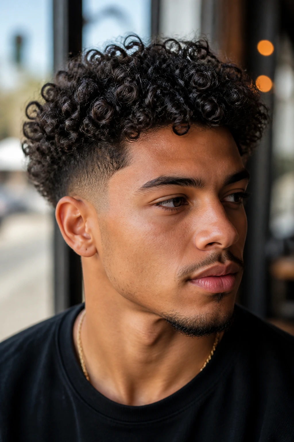 Close-up of a person with shadow fade and medium ringlets