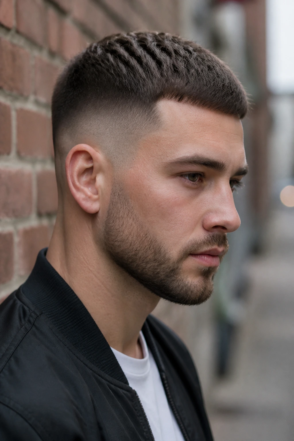 Man with shadow fade and short crop hairstyle in urban daylight