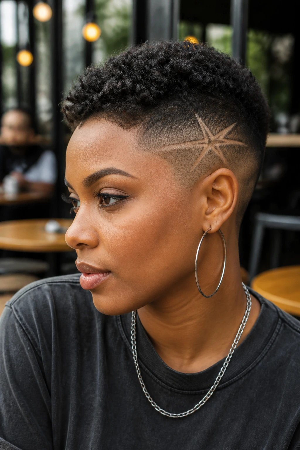 Real Black woman with shadow fade and starburst design near temple outdoors
