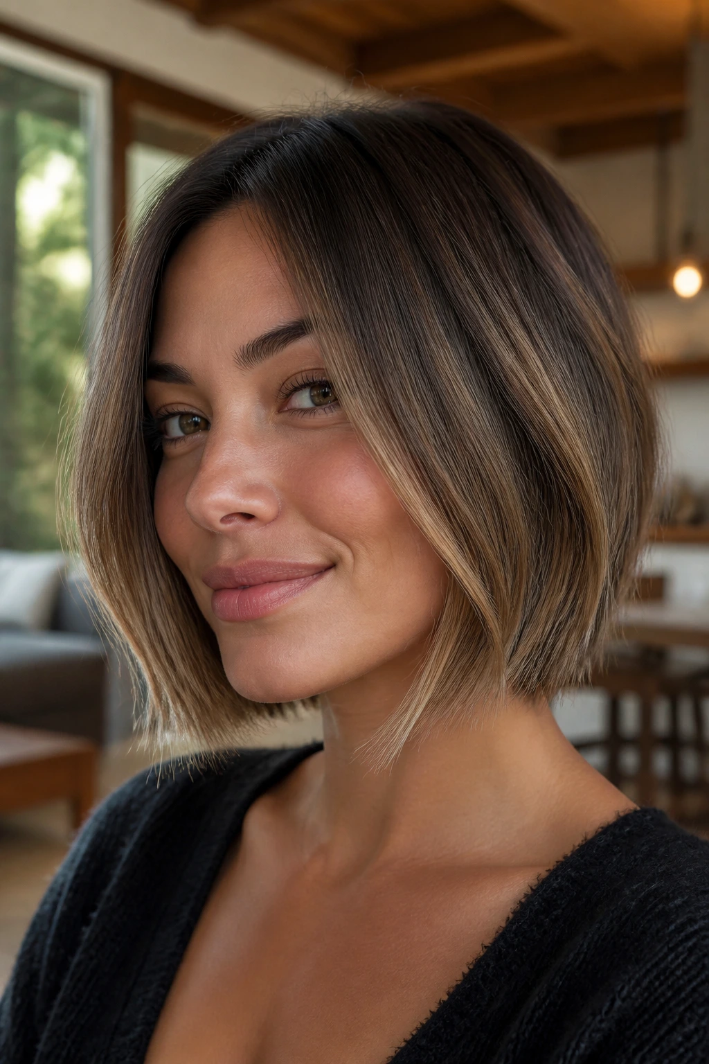 Close-up of a real woman with shadow-roast bronde bob hairstyle in warm indoor light