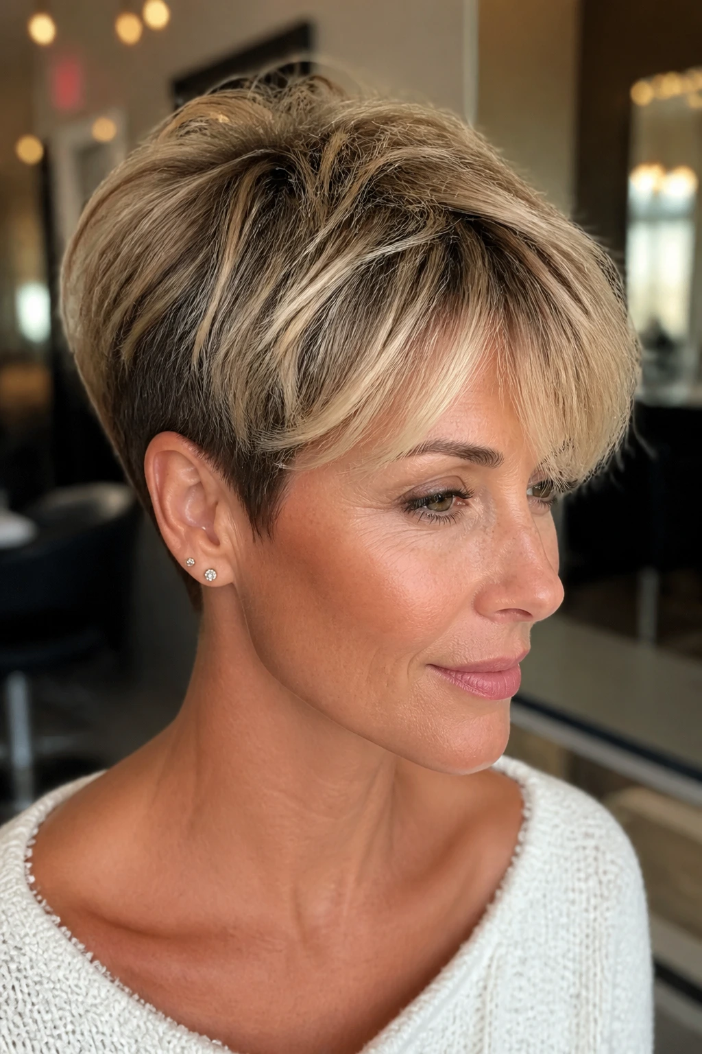 Portrait of a real person with a shadow-root balayage pixie and sunlit crown.
