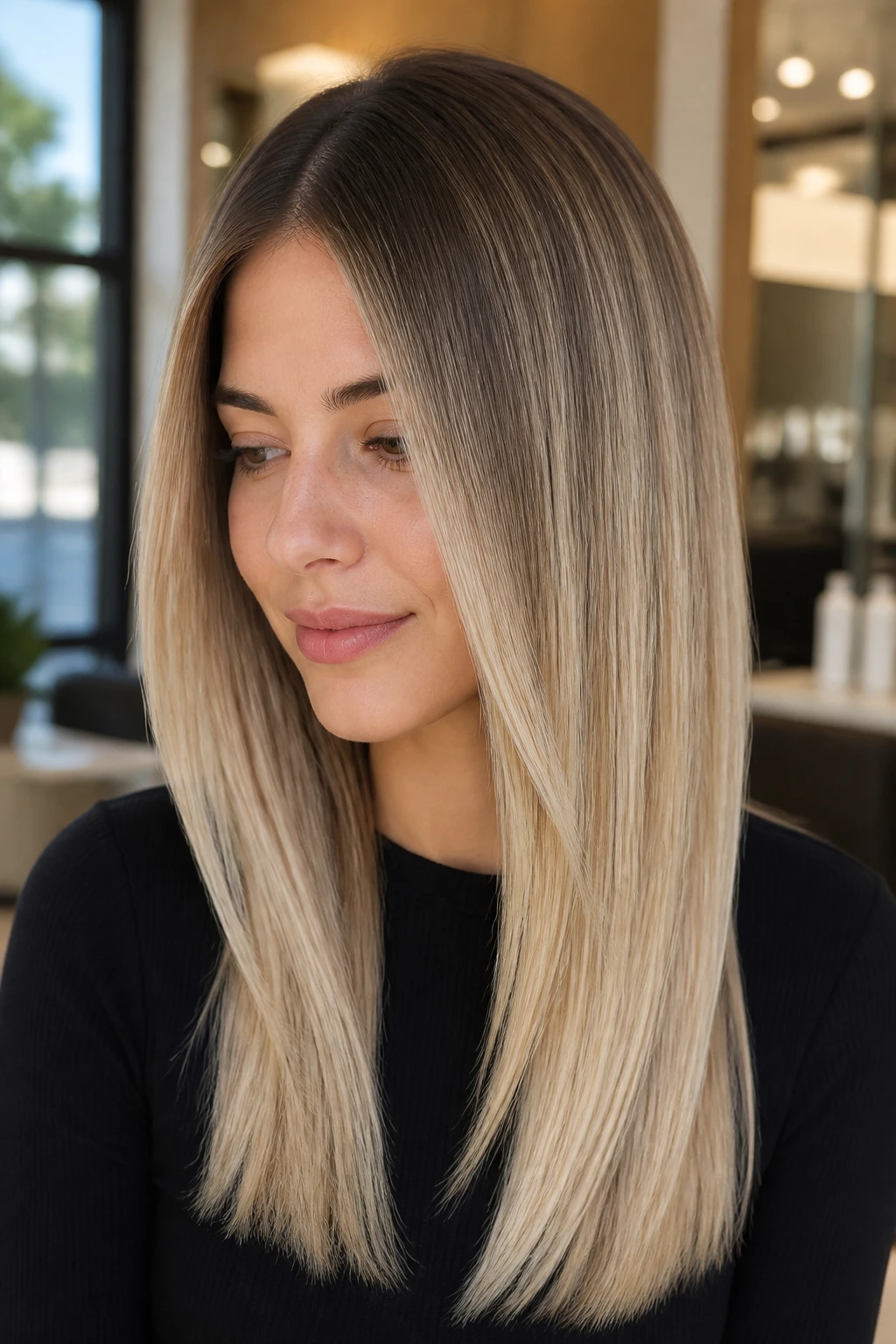 Close-up of a real woman with shadow root blonde melt on straight hair in a salon setting