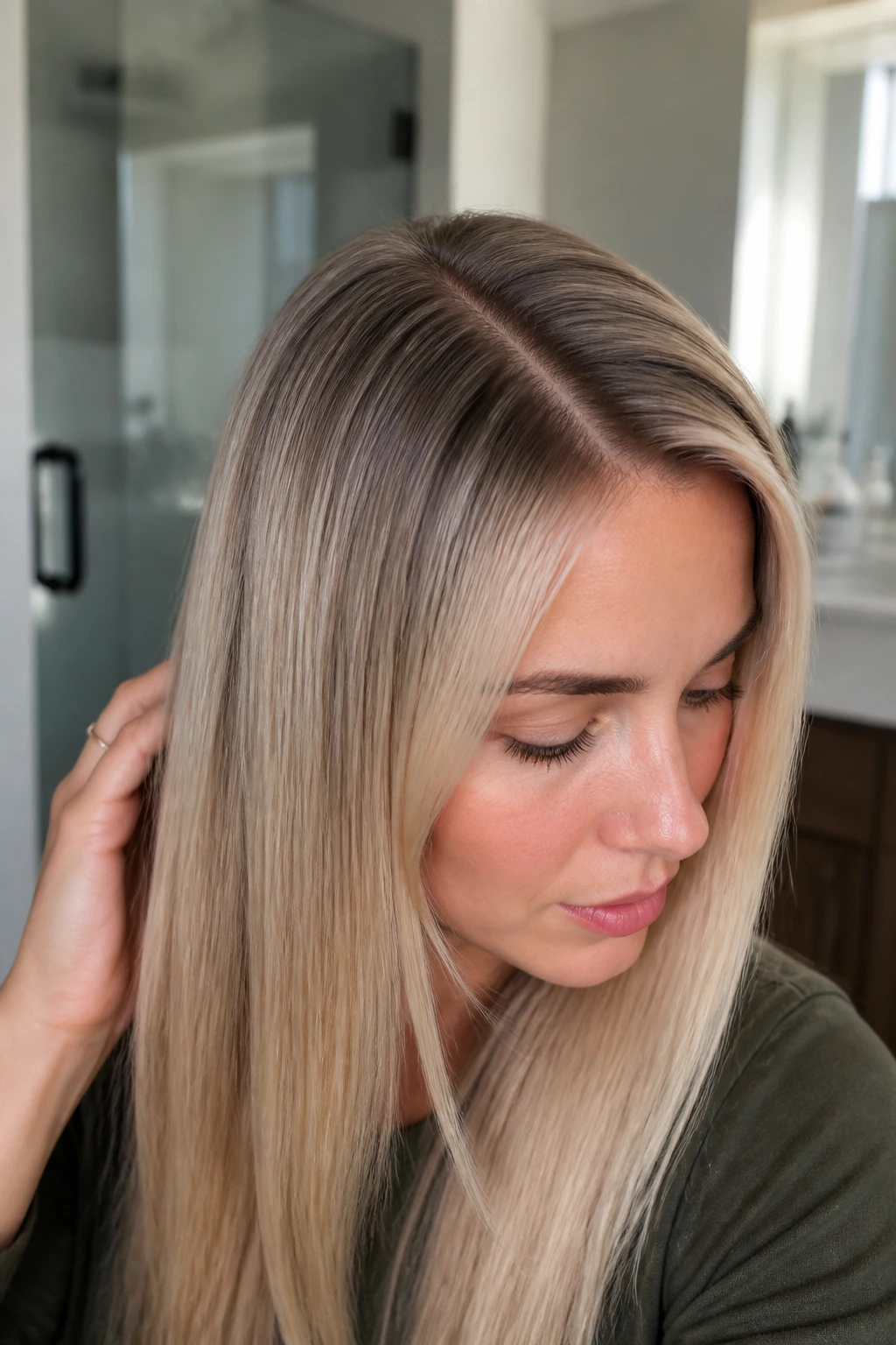 Close-up portrait of soft ash shadow root blonde on a real person